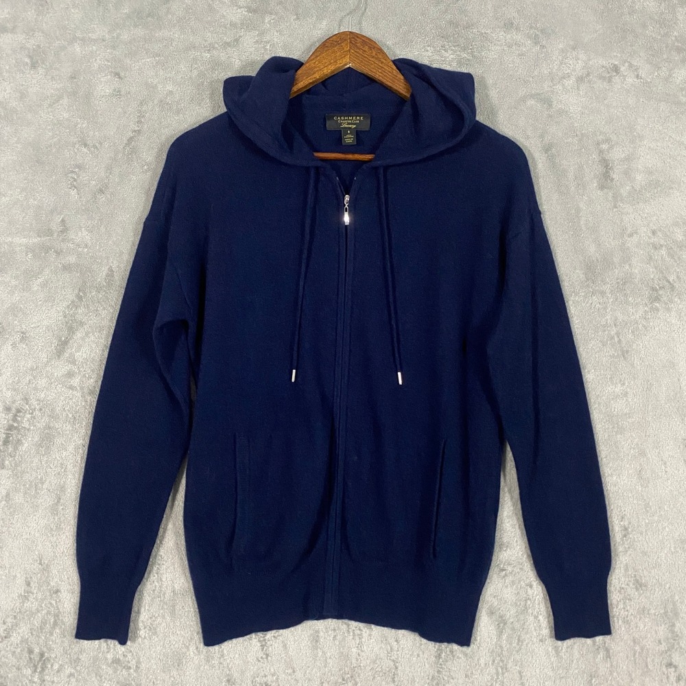 Charter Club Sweater Hoodie Sz S Navy Blue Cashmere Zip Up Pocket Relaxed Preppy